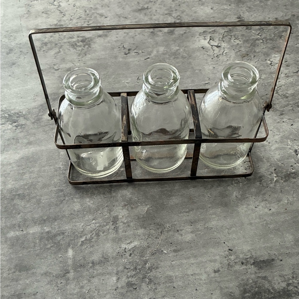 Set of 3 Bud Vases with Metal Carrier